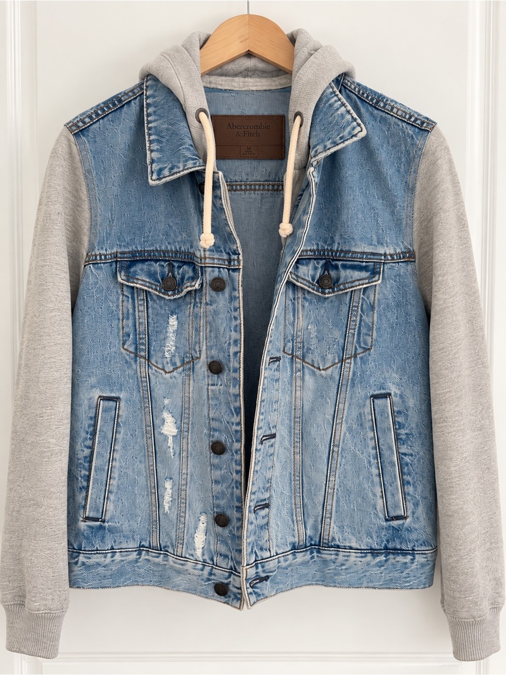 Abercrombie & Fitch Light Blue Denim Jacket with Gray Hoodie Sleeves